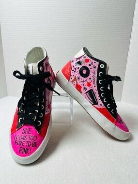 Vans Sk8-Hi Custom Hand Painted Grease Pink Ladies Retro Rock Shoes Rare 6.5
